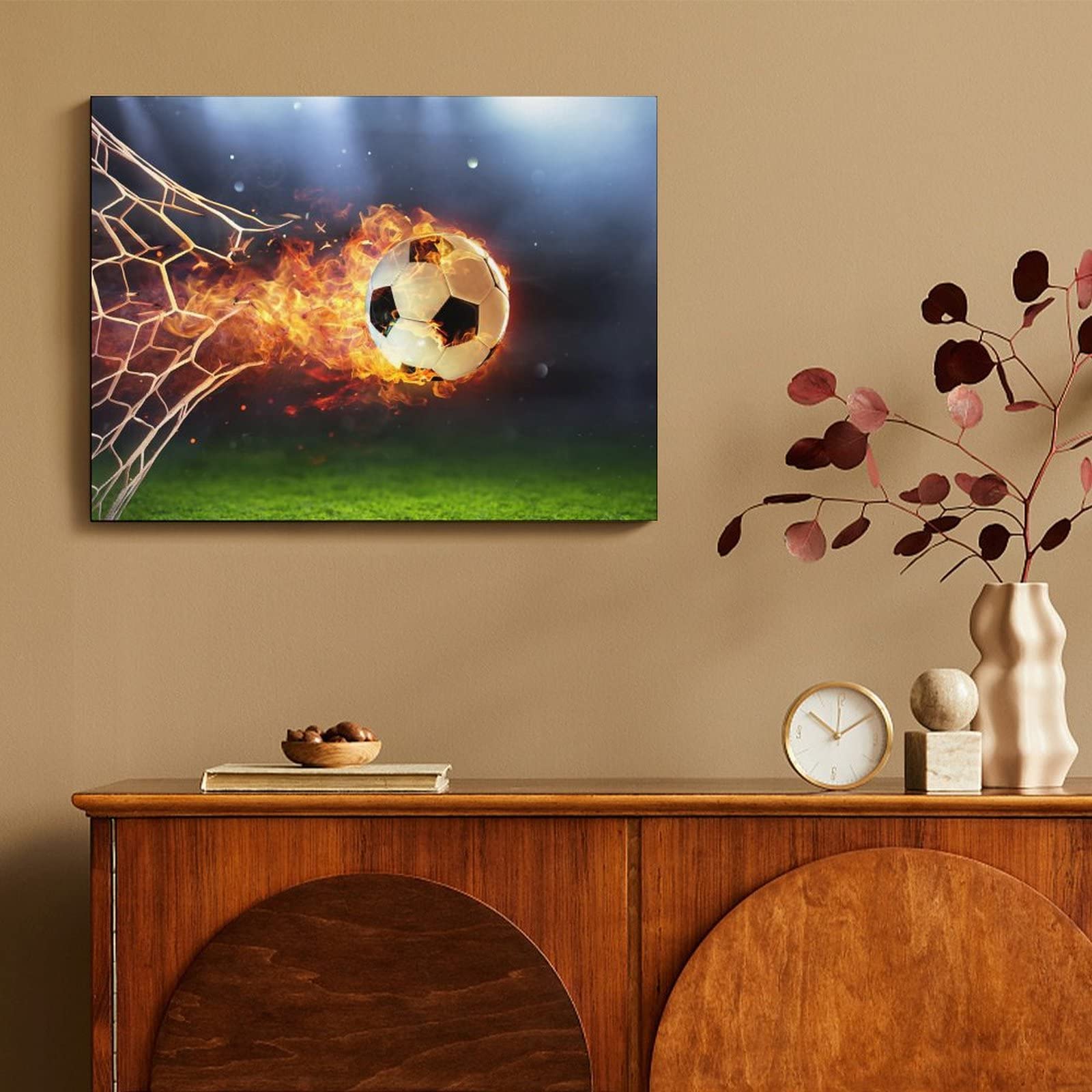 Amazon.co.jp: 燃えるようなサッカー ボールのゴール 絵画キャンバス壁